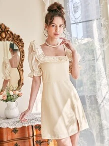 SHEIN MOD Vestido ribete con fruncido de manga farol bajo con abertura - Beis - Ver 1