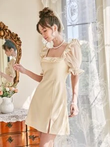 SHEIN MOD Vestido ribete con fruncido de manga farol bajo con abertura - Beis - Ver 3