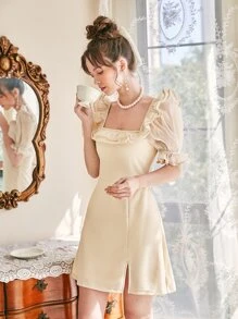 SHEIN MOD Vestido ribete con fruncido de manga farol bajo con abertura - Beis - Ver 4