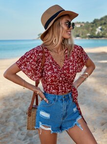 SHEIN VCAY Áo sơ mi nữ Thắt nút Trọn gói Họa tiết hoa Boho - Đỏ - Xem 4