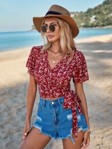 SHEIN VCAY Áo sơ mi nữ Thắt nút Trọn gói Họa tiết hoa Boho - Đỏ - Xem 5