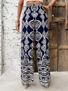 SHEIN VCAY Pantalones de pierna ancha con estampado geométrico con nudo delantero - Azul Marino - Ver 2