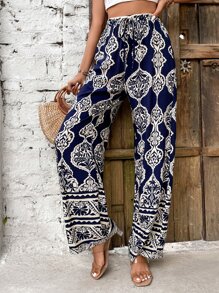 SHEIN VCAY Pantalones de pierna ancha con estampado geométrico con nudo delantero - Azul Marino - Ver 4