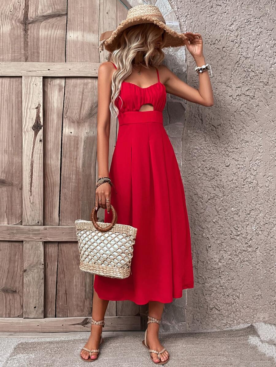 SHEIN VCAY Cut Out Ruched Cami Dress - Red - View 1