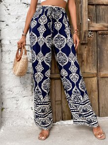 SHEIN VCAY Pantalones de pierna ancha con estampado geométrico con nudo delantero - Azul Marino - Ver 6