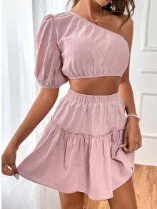 SHEIN VCAY Top crop de un hombro de manga farol & Shorts bajo con fruncido - Rosa vieja - Ver 5