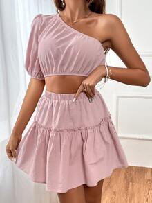 SHEIN VCAY Top crop de un hombro de manga farol & Shorts bajo con fruncido - Rosa vieja - Ver 6