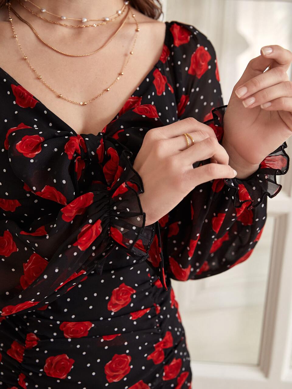 Polka Dot & Floral Print Knot Front Ruffle Hem Chiffon Dress Winter Elegant Vacation Flower Evening Dress