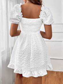 Soleia Vestido de cuello cuadrado de manga farol bajo con fruncido - Blanco - Ver 2