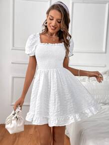 Soleia Vestido de cuello cuadrado de manga farol bajo con fruncido - Blanco - Ver 6