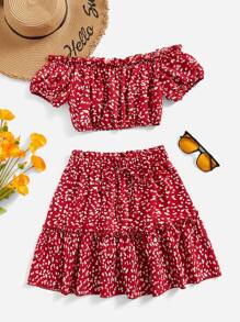 Soleia 小碎花一字肩褶邊短款上衣和半身裙 - 紅色 - 查看 1