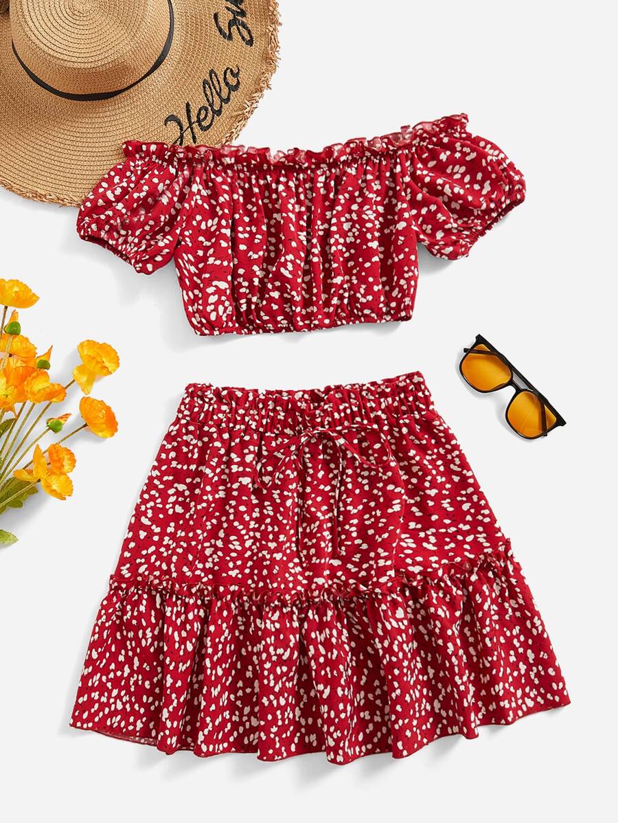 Soleia 小碎花一字肩褶邊短款上衣和半身裙 - 紅色 - 查看 1