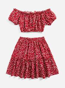 Soleia 小碎花一字肩褶邊短款上衣和半身裙 - 紅色 - 查看 2
