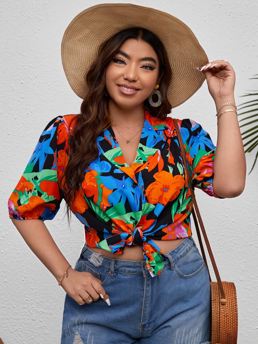 SHEIN VCAY Plus Floral Print Puff Sleeve Shirt - Multicolor - View 1