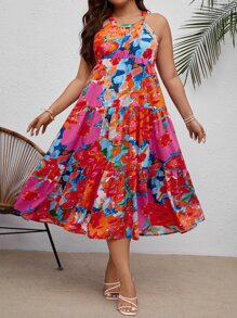 SHEIN VCAY Vestido con estampado floral bajo con fruncido - Multicolor - Ver 1