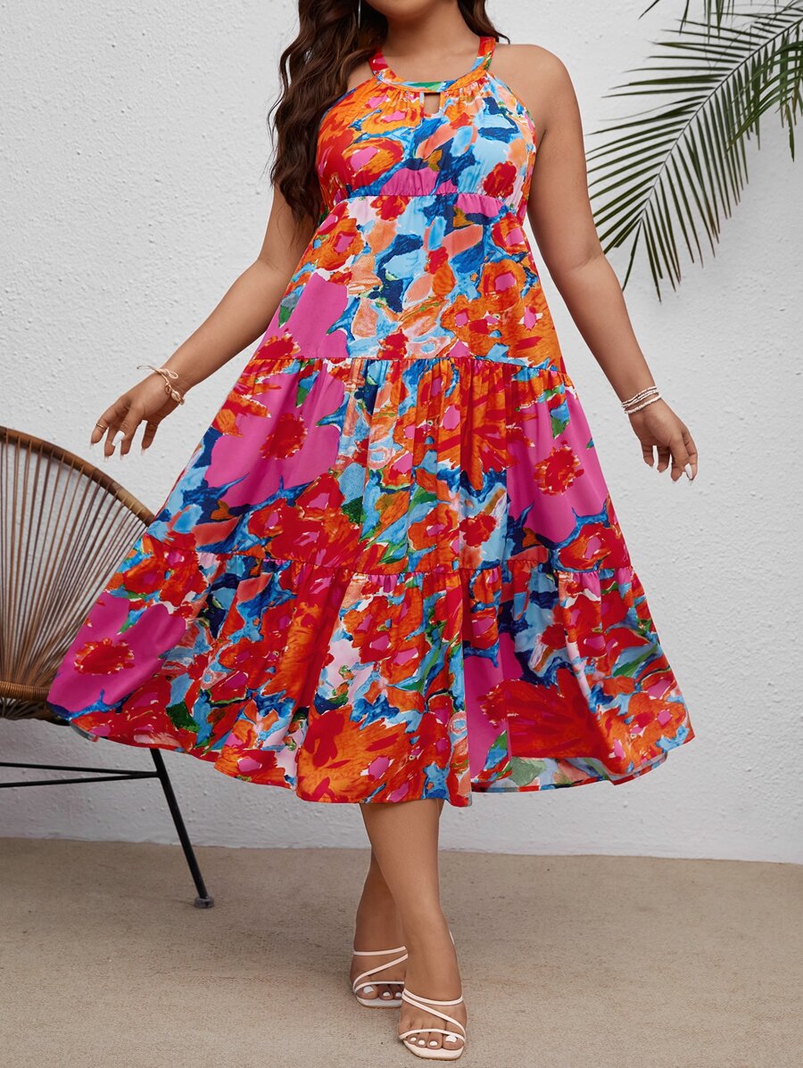 SHEIN VCAY Vestido con estampado floral bajo con fruncido - Multicolor - Ver 1