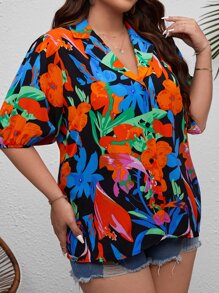 SHEIN VCAY Plus Floral Print Puff Sleeve Shirt - Multicolor - View 5