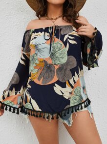 SHEIN VCAY Plus Tropical Print Off Shoulder Tassel Trim Blouse - Multicolor - View 1