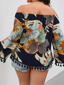 SHEIN VCAY Plus Tropical Print Off Shoulder Tassel Trim Blouse - Multicolor - View 2