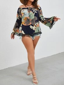 SHEIN VCAY Plus Tropical Print Off Shoulder Tassel Trim Blouse - Multicolor - View 5