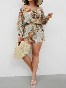SHEIN VCAY Plus Paisley Print Off Shoulder Top & Shorts - Multicolor - View 3