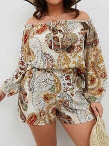 SHEIN VCAY Plus Paisley Print Off Shoulder Top & Shorts - Multicolor - View 5