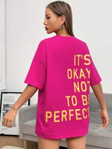 SHEIN EZwear Slogan Graphic Drop Shoulder Tee IT'S OKAY NOT TO BE PERFECT - Hot Pink - View 2
