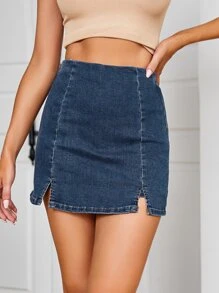 SHEIN X Sofía Suescun Split Hem Zip Back Denim Shorts - Medium Wash - View 1
