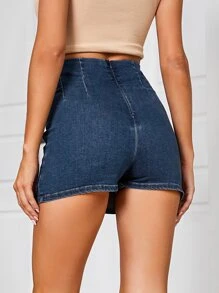 SHEIN X Sofía Suescun Split Hem Zip Back Denim Shorts - Medium Wash - View 2