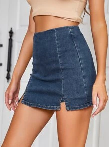 SHEIN X Sofía Suescun Split Hem Zip Back Denim Shorts - Medium Wash - View 4