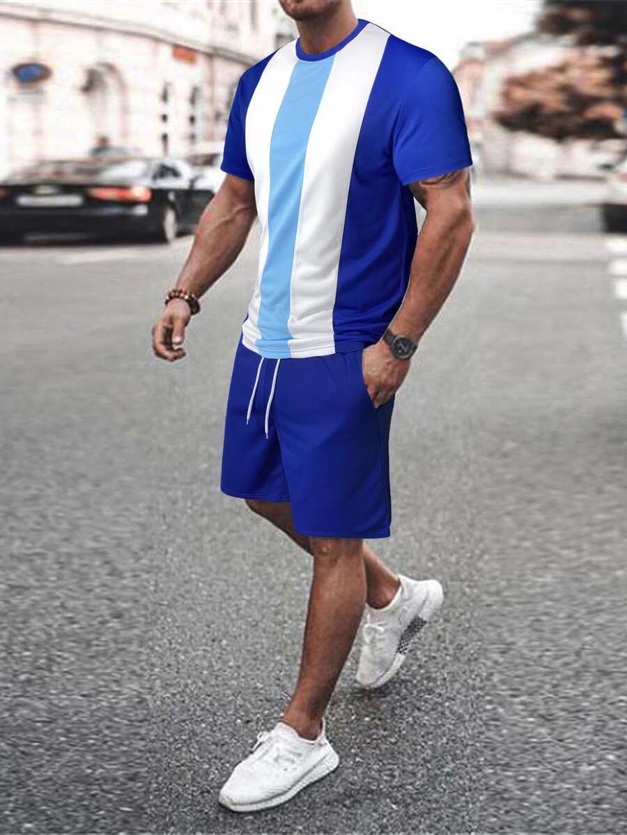Manfinity Homme Hombres de color combinado Camiseta & de cintura con cordón Shorts - Azul y blanco - Ver 1