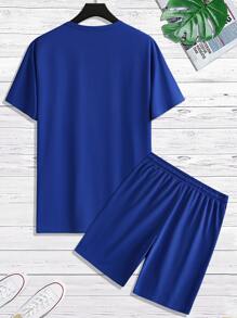 Manfinity Homme Hombres de color combinado Camiseta & de cintura con cordón Shorts - Azul y blanco - Ver 2