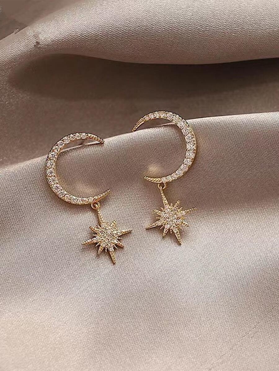 Rhinestone Moon Decor Star Drop Earrings - Yellow Gold - View 1