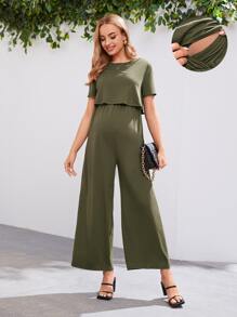 SHEIN Maternity Solid Nursing Wide Leg Jumpsuit - Army Green - View 1