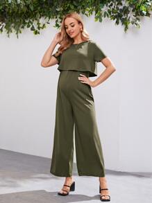 SHEIN Maternity Solid Nursing Wide Leg Jumpsuit - Army Green - View 3