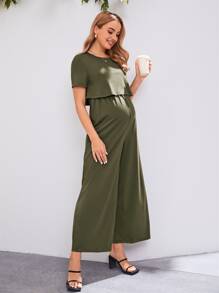 SHEIN Maternity Solid Nursing Wide Leg Jumpsuit - Army Green - View 4