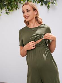 SHEIN Maternity Solid Nursing Wide Leg Jumpsuit - Army Green - View 5