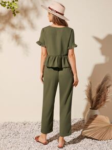 SHEIN LUNE 素色荷葉邊上衣和褲子套裝 - 軍綠色 - 查看 2