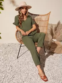 SHEIN LUNE 素色荷葉邊上衣和褲子套裝 - 軍綠色 - 查看 6