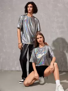 Manfinity Unisex Men 1pc Fashion Holographic Drop Shoulder Tee, Summer, 2000s Style, Couple Things - Silver - View 5