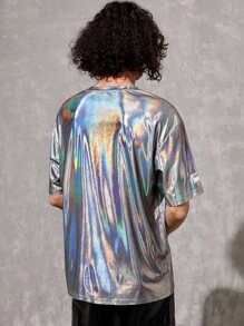 Manfinity Unisex Men 1pc Fashion Holographic Drop Shoulder Tee, Summer, 2000s Style, Couple Things - Silver - View 2