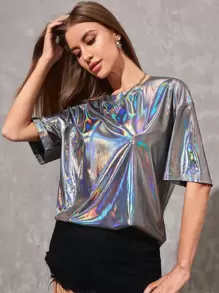 Manfinity Unisex Men 1pc Fashion Holographic Drop Shoulder Tee, Summer, 2000s Style, Couple Things - Silver - View 6