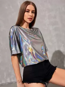 Manfinity Unisex Men 1pc Fashion Holographic Drop Shoulder Tee, Summer, 2000s Style, Couple Things - Silver - View 4