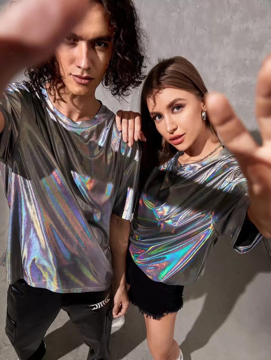Manfinity Unisex Men 1pc Fashion Holographic Drop Shoulder Tee, Summer, 2000s Style, Couple Things - Silver - View 1