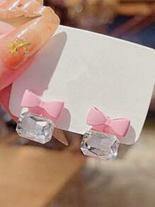 Rhinestone & Bow Decor Stud Earrings - Multicolor - View 1