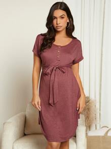 SHEIN Maternity Button Front Belted Dress - Redwood - View 1