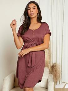 SHEIN Maternity Button Front Belted Dress - Redwood - View 3