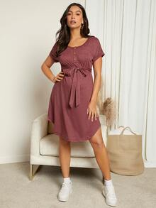 SHEIN Maternity Button Front Belted Dress - Redwood - View 4