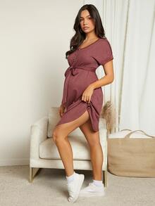 SHEIN Maternity Button Front Belted Dress - Redwood - View 6