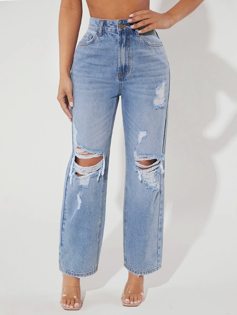 SHEIN PETITE Ripped Straight Leg Jeans - Light Wash - View 1